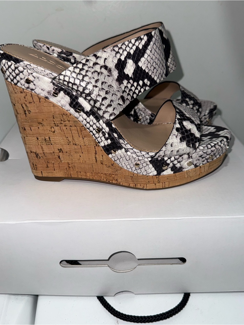 Aldo Cork Wedge Sandals with Black and White Snake Print